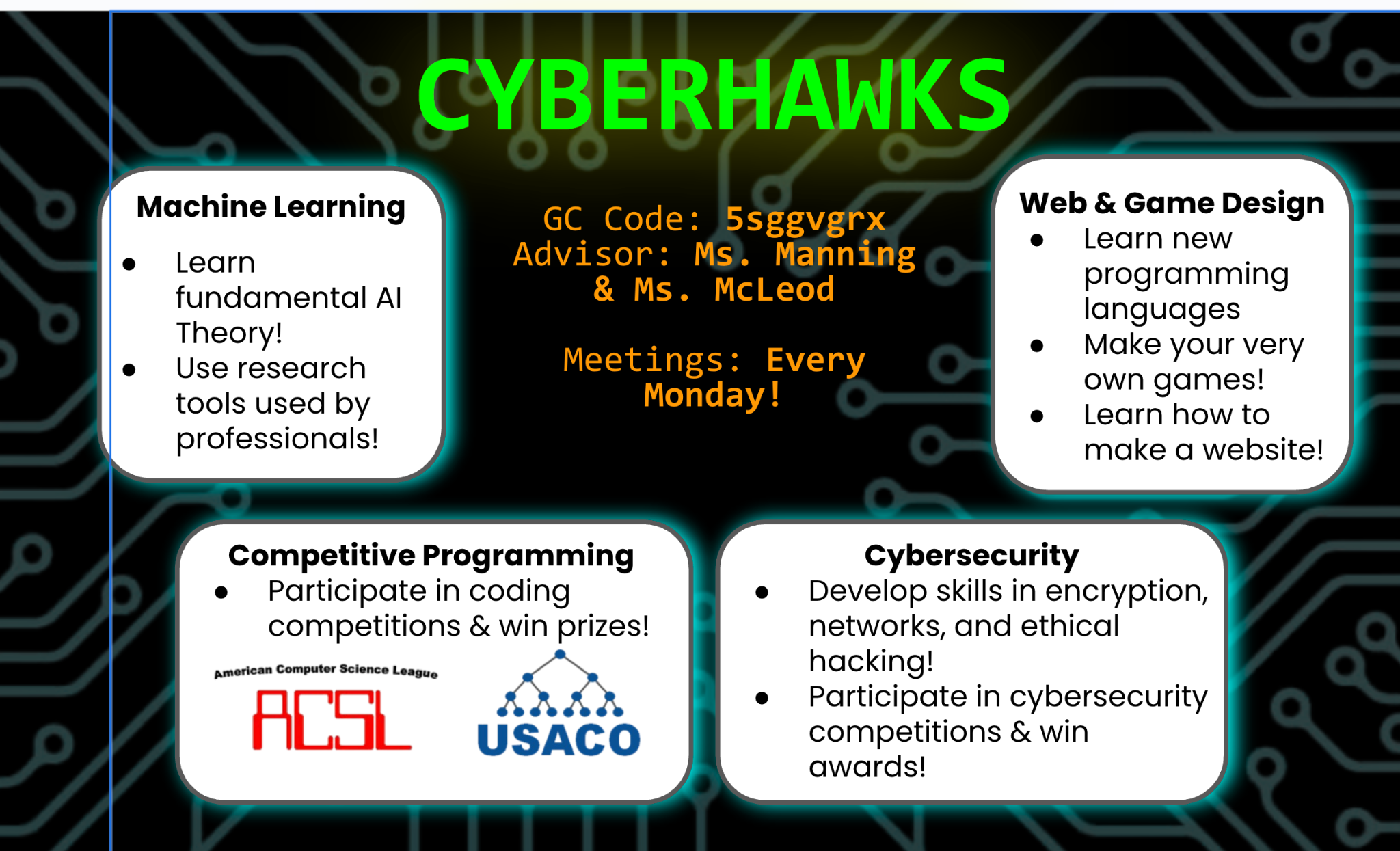 Cyberhawks flyer with GC code, advisors, and sector blurbs